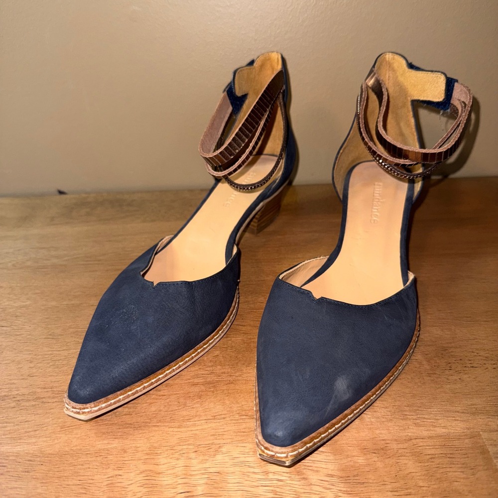 Sundance Navy Blue Leather Ankle Strap D'Orsay Block Heels Made in Spain Sz 39
